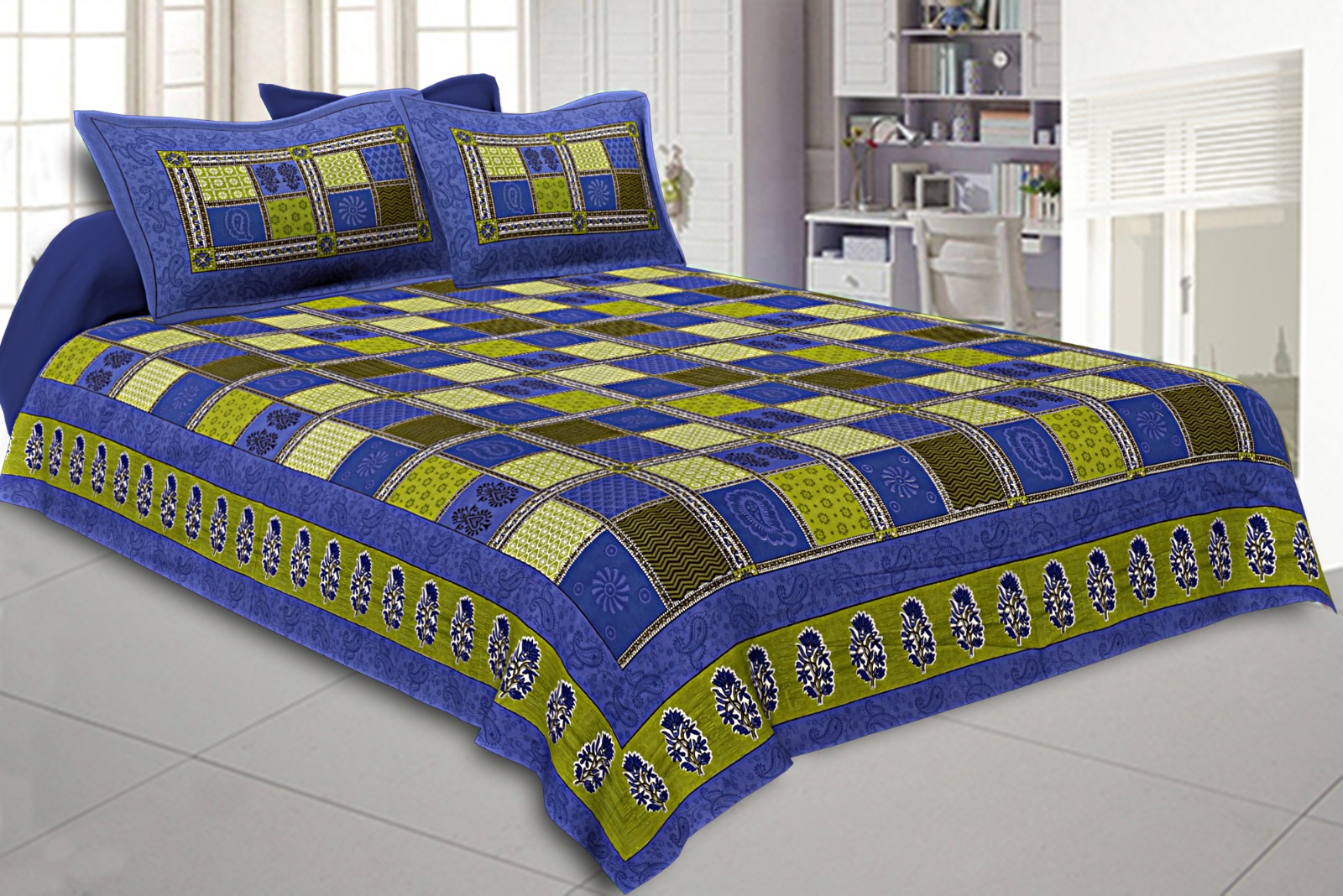Niruva Royal Blue and Green Jaipuri Checkered Patchwork Cotton Double Bedsheet With 2 Pillow Covers